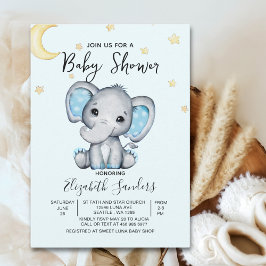 Convite Watercolor Elephant Baby Shower Boy, Blue and Gray