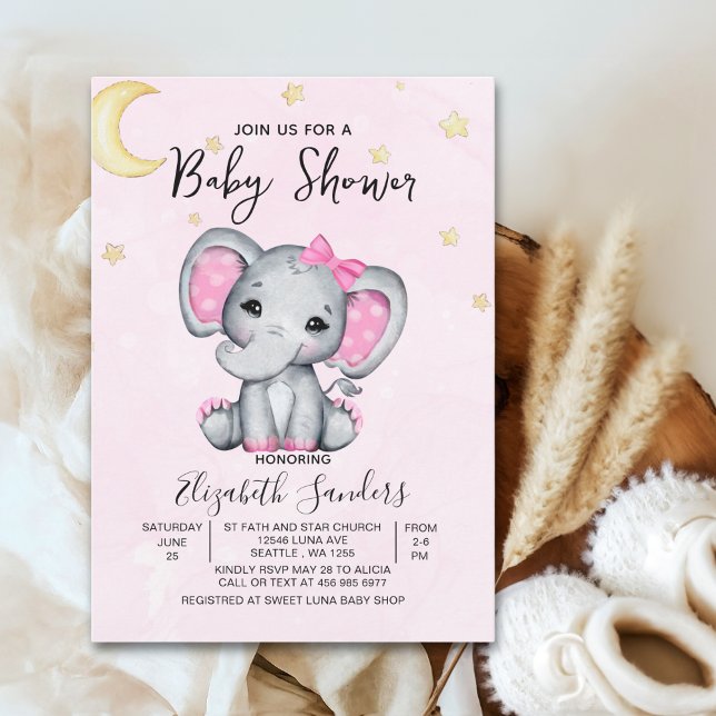 Convite Watercolor Elephant Baby Shower Girl Pink (Criador carregado)