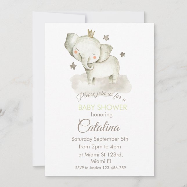 Convite Watercolor Elephant Baby Shower Invitation (Frente)