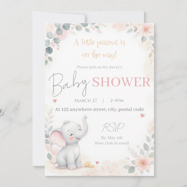 Convite Watercolor Elephant Baby Shower Invitation (Frente)