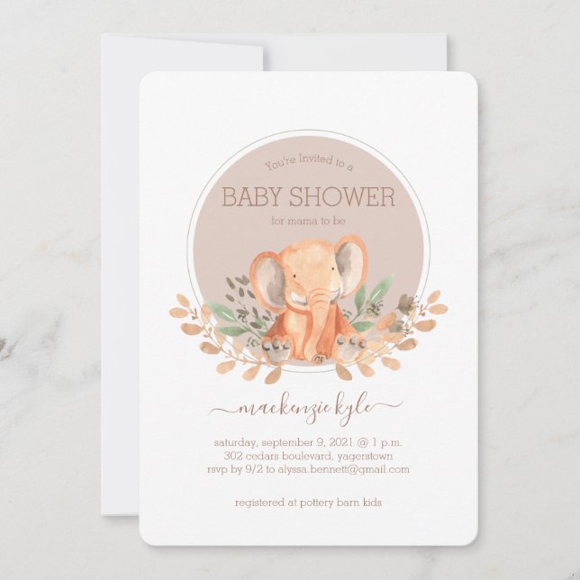 Convite Watercolor Elephant Boho Safari Baby Shower (Frente)