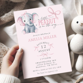 Convite Watercolor Elephant Pink Bow Baby Girl Shower