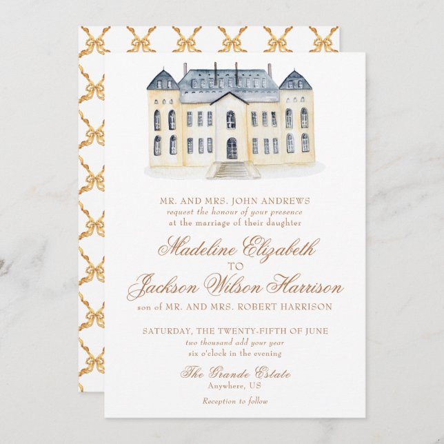 Convite Watercolor English Manor Estate Wedding (Frente/Verso)