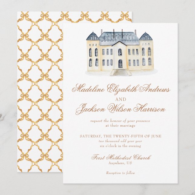 Convite Watercolor English Manor Estate Wedding (Frente/Verso)