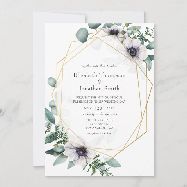 Convite Watercolor Eucalyptus Anemone Geometric Wedding (Frente)