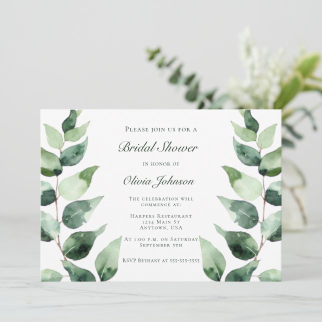 Convite Watercolor Eucalyptus Bridal Shower | White (Em pé/Frente)