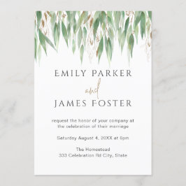 Convite Watercolor Eucalyptus Deixa Casamento Verde Dourad