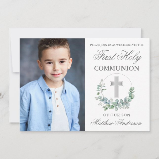 Convite Watercolor Eucalyptus First Communion Silver Photo (Frente)