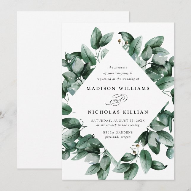 Convite Watercolor Eucalyptus | Frame Wedding (Frente/Verso)