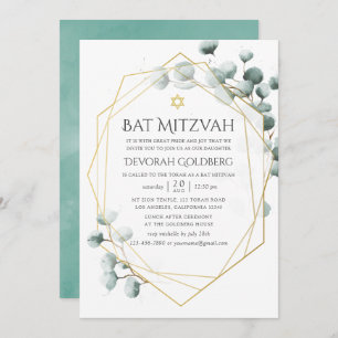 Convite Watercolor Eucalyptus Geométrico Bat Mitzvah