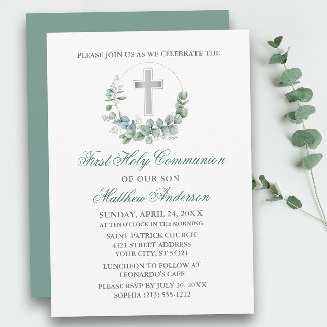 Convite Watercolor Eucalyptus Green Silver Primeira Comunh (Customize to change text color, size, style or to change color of back of card.)