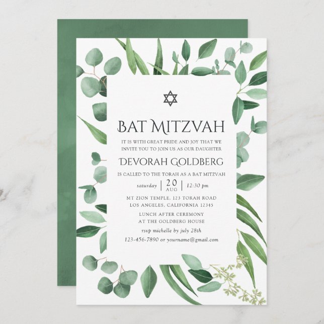 Convite Watercolor Eucalyptus Greenery Bat Mitzvah (Frente/Verso)