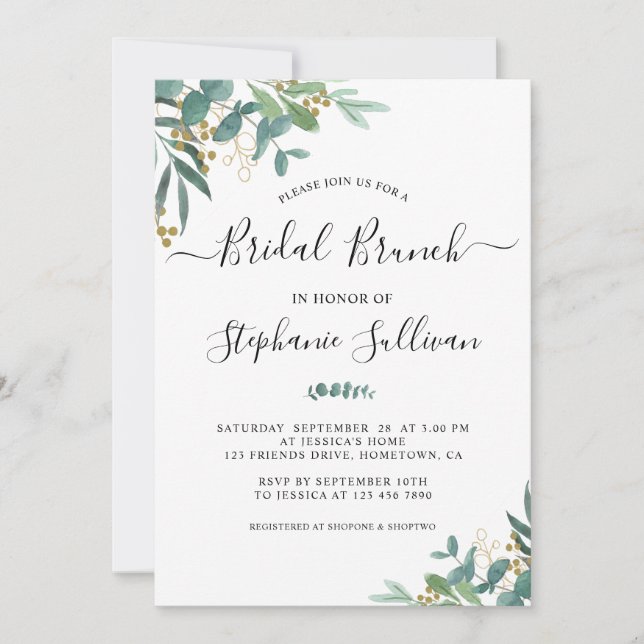 Convite Watercolor Eucalyptus Greenery Bridal Brunch (Frente)