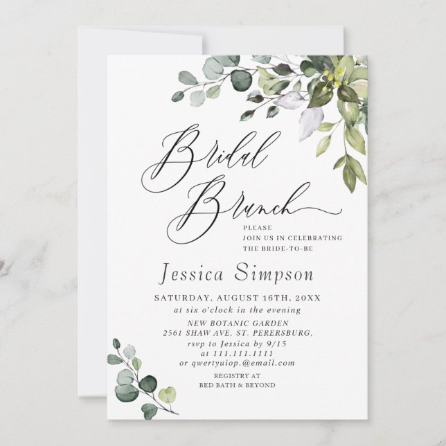 Convite Watercolor Eucalyptus Greenery Bridal Brunch (Frente)