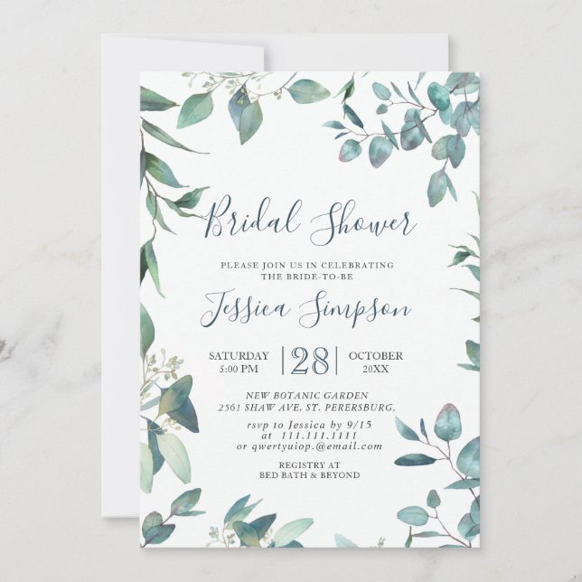 Convite Watercolor Eucalyptus Greenery Bridal Brunch (Frente)