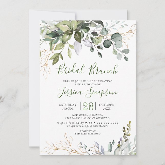 Convite Watercolor Eucalyptus Greenery Bridal Brunch (Frente)