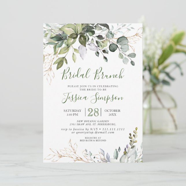 Convite Watercolor Eucalyptus Greenery Bridal Brunch (Em pé/Frente)