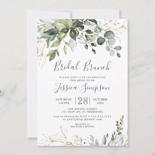 Convite Watercolor Eucalyptus Greenery Bridal Brunch (Frente)