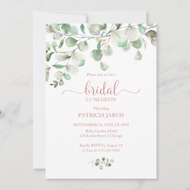 Convite Watercolor Eucalyptus Greenery Bridal Luncheon (Frente)
