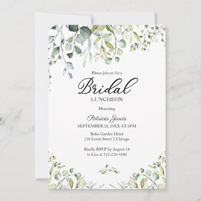 Convite Watercolor Eucalyptus Greenery Bridal Luncheon (Frente)