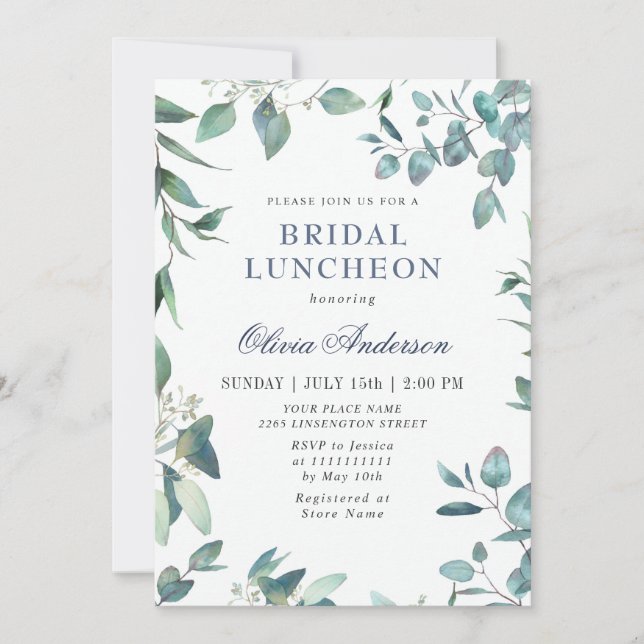 Convite Watercolor Eucalyptus Greenery Bridal Luncheon (Frente)