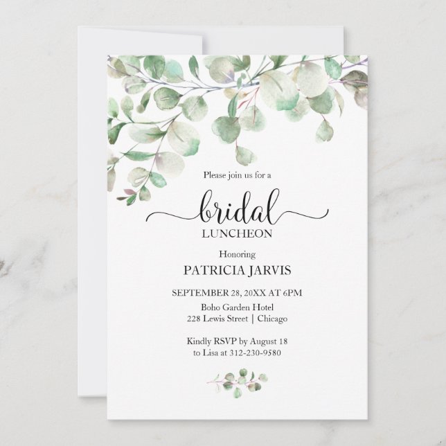 Convite Watercolor Eucalyptus Greenery Bridal Luncheon Inv (Frente)