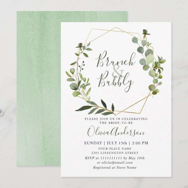 Convite Watercolor Eucalyptus Greenery BRUNCH BUBBLY (Frente/Verso)