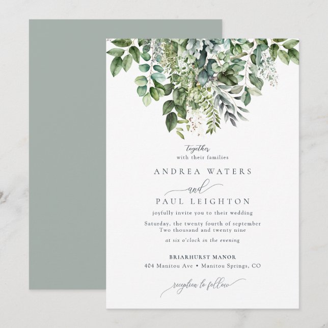 Convite Watercolor Eucalyptus Greenery | Casamento Botânic (Frente/Verso)