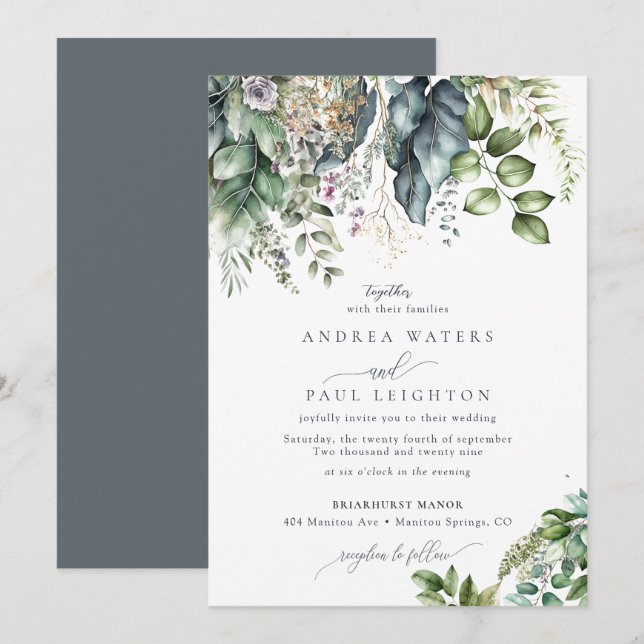 Convite Watercolor Eucalyptus Greenery | Casamento Botânic (Frente/Verso)