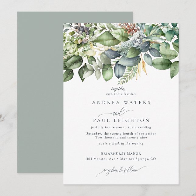 Convite Watercolor Eucalyptus Greenery | Casamento Botânic (Frente/Verso)