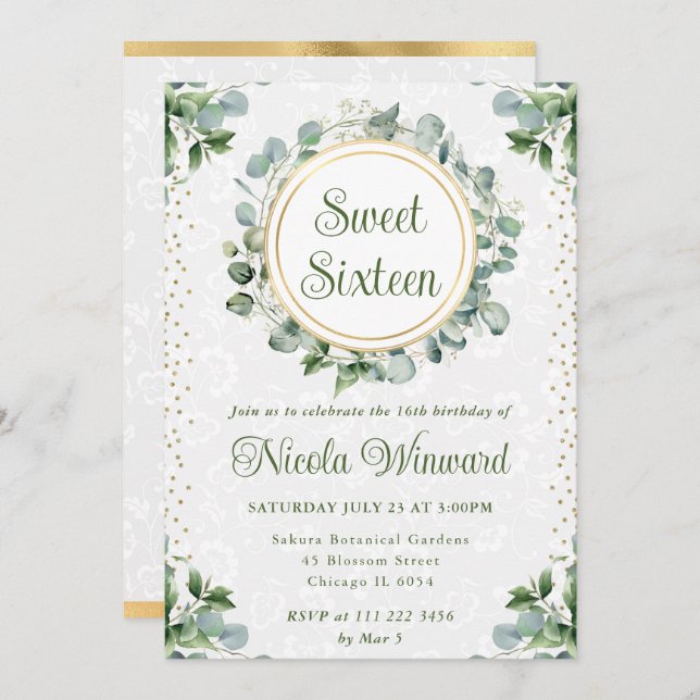 Convite Watercolor Eucalyptus Greenery Sweet Sessenta (Frente/Verso)