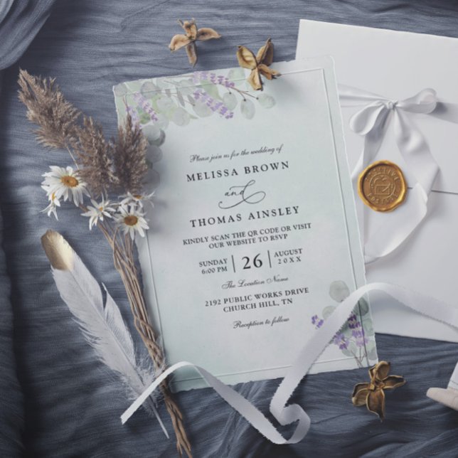 Convite Watercolor Eucalyptus Lavender QR Code Wedding (Criador carregado)