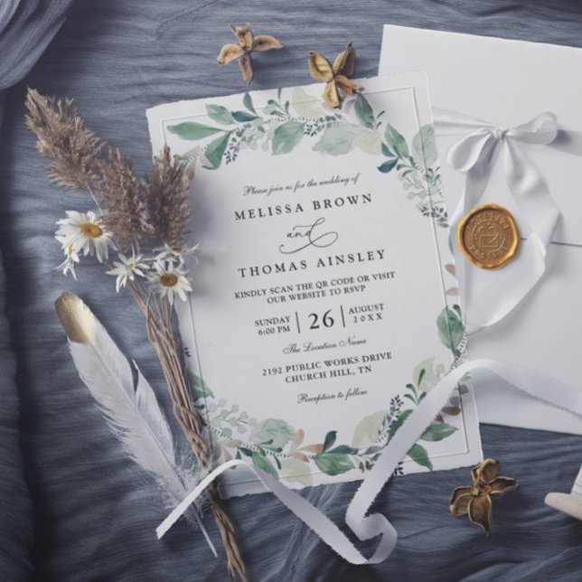 Convite Watercolor Eucalyptus Leaves Chic QR Code Wedding (Criador carregado)