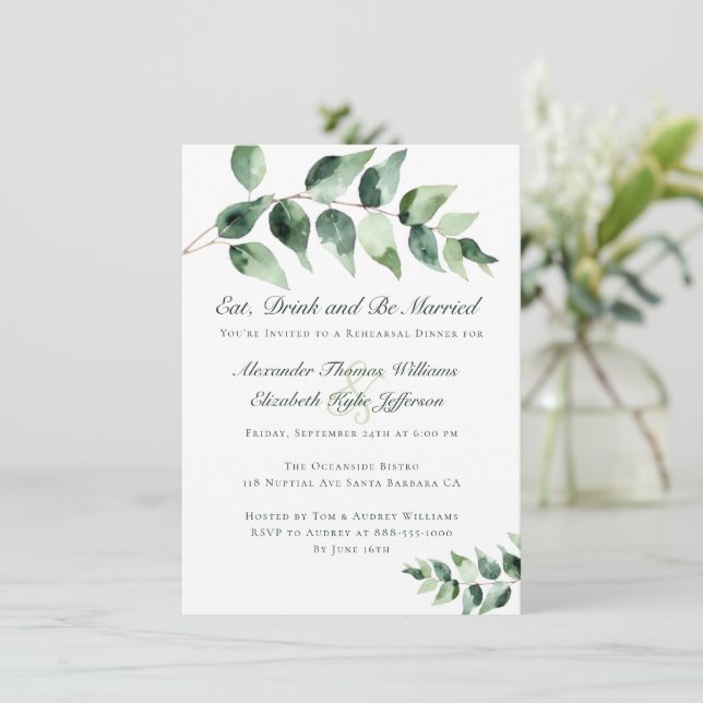Convite Watercolor Eucalyptus Rehearsal Dinner | White (Em pé/Frente)