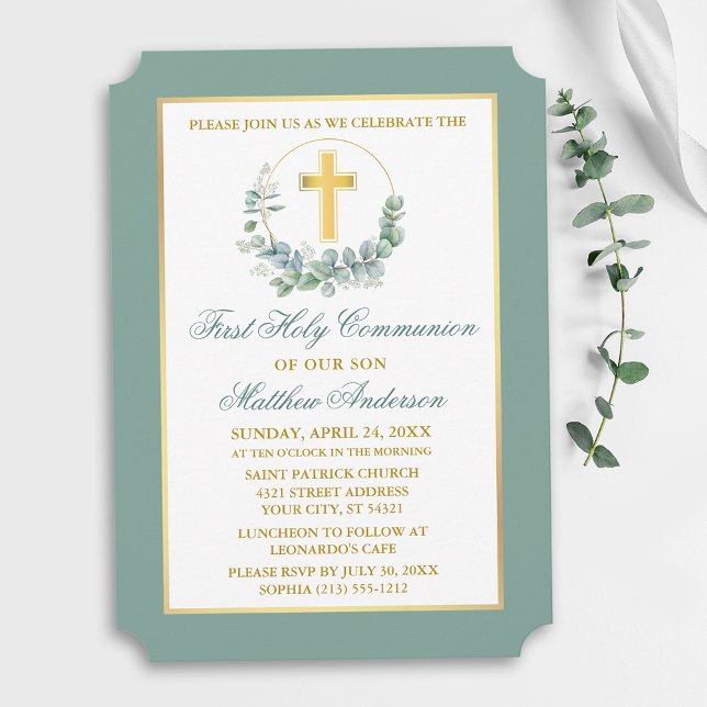 Convite Watercolor Eucalyptus Wreath Gold Communion (Customize to change text color, text style or color of back of card.)