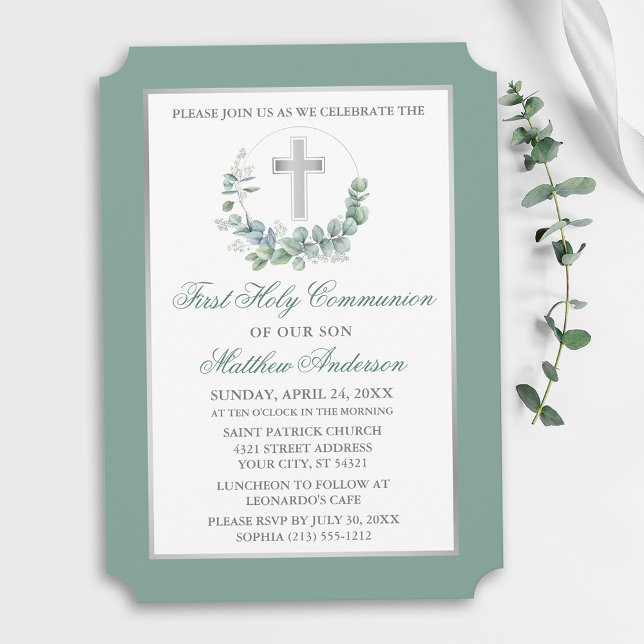 Convite Watercolor Eucalyptus Wreath Silver Communion (Customize to change text color, text style or color of back of card.)