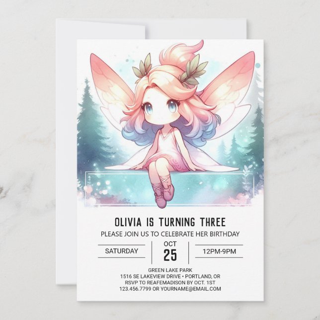 Convite Watercolor Fairy Fairy Birthday (Frente)