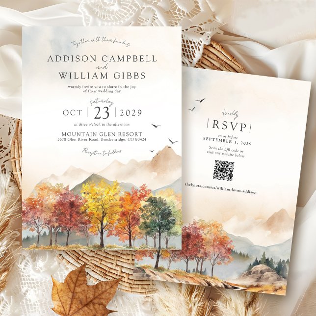 Convite Watercolor Fall Trees Mountain Autumn Boho Wedding (Elegant watercolor Fall Trees forest mountain landscape terracotta Autumn QR code wedding invitation)