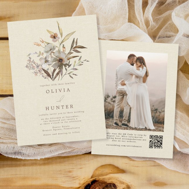 Convite Watercolor Fall Wildflower Faux Linen Weding (Criador carregado)