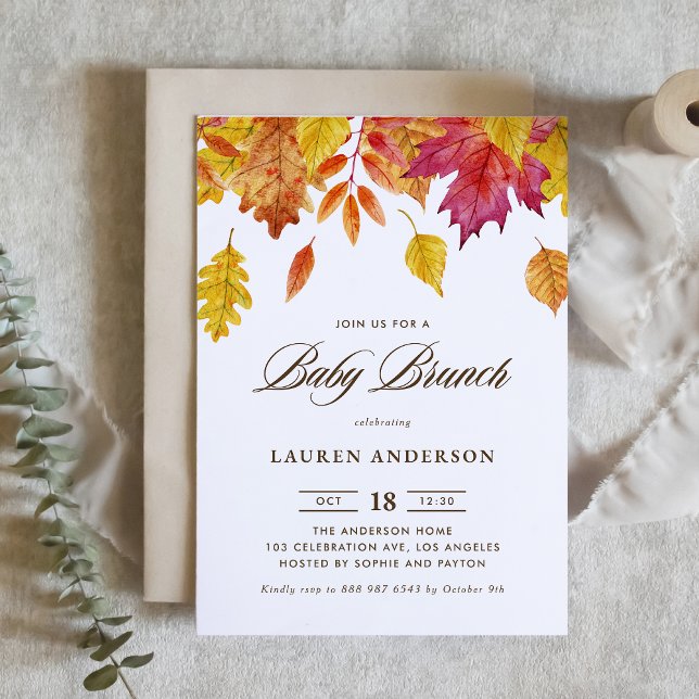 Convite Watercolor Falling Deixa Autumn Baby Brunch (Criador carregado)