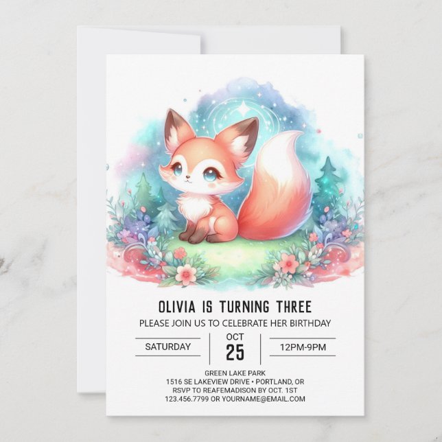 Convite Watercolor Fantasy Fox Birthday digital (Frente)