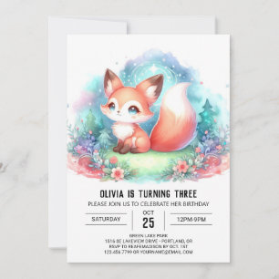 Convite Watercolor Fantasy Fox Birthday digital