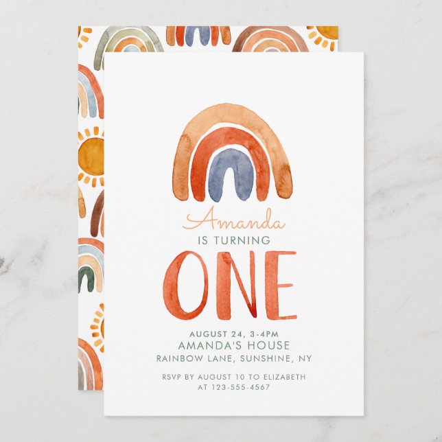 Convite Watercolor First Birthday Modern Boho Rainbow (Frente/Verso)