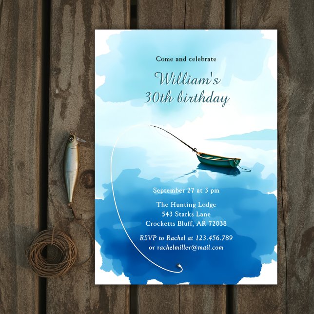Convite Watercolor Fishing Boat 30th Birthday Party (Fishing Boat Birthday Invitation for Men – Watercolor 30th Birthday Party Invite)