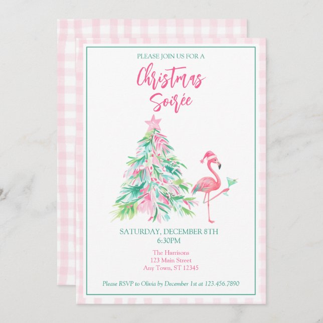 Convite Watercolor Flamingo Christmas Soirée Invitation (Frente/Verso)