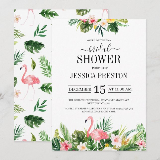 Convite Watercolor Flamingo Tropical Chá de panela (Frente/Verso)