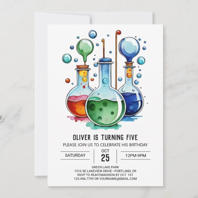 Convite Watercolor Flask Discovery Scientist Aniversário (Frente)