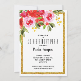 Convite Watercolor Floral 50th Birthday Glitter Party