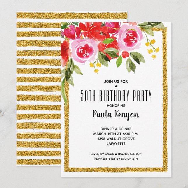 Convite Watercolor Floral 50th Birthday Glitter Party (Frente/Verso)
