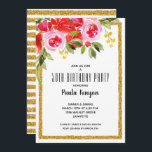 Convite Watercolor Floral 50th Birthday Glitter Party<br><div class="desc">Design floral de aquarela no canto e seus detalhes em letras quic moldadas por uma borda de brilho dourada,  esses convites de festas de aniversários são excelentes para qualquer idade. CORRESPONDENTE a itens na nossa coleção.</div>
